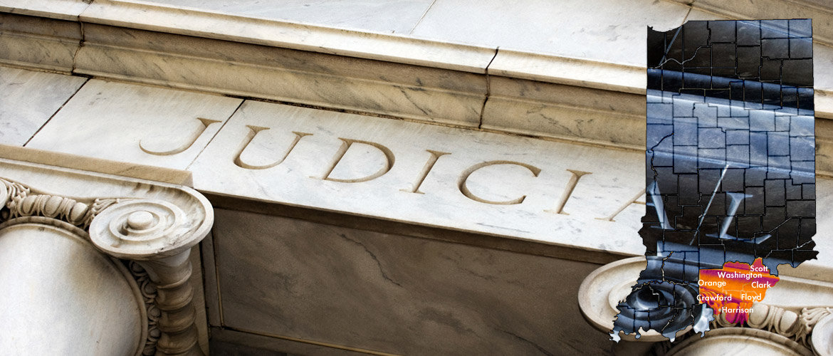 image of a courthouse s and a map of Indiana showing the counties served including Clark, Crawford, Floyd, Harrison Orange, Scott and Washington